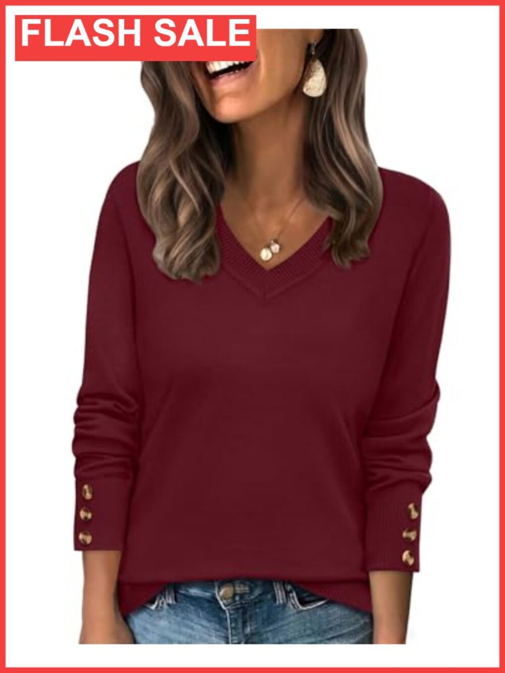 Womens Long Sleeve V Neck Knit Sweater with Decorative Buttons Pullover